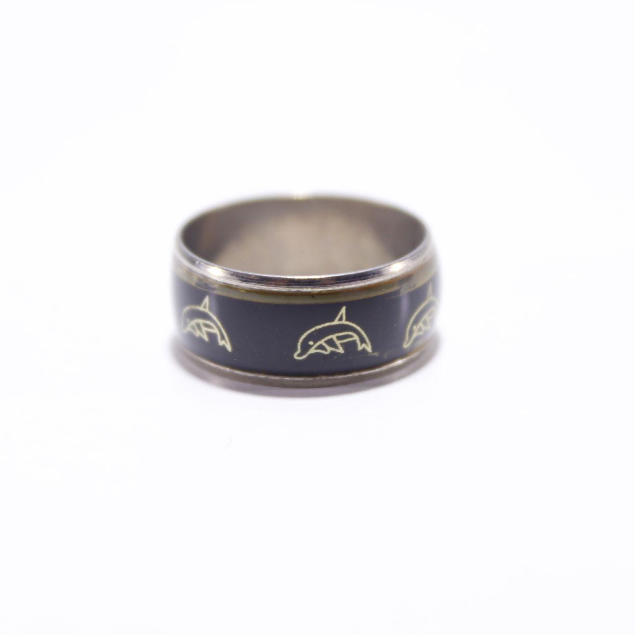 Dolphin Wide Band Ring Black Enamel Inlay Gold Tone Nautical