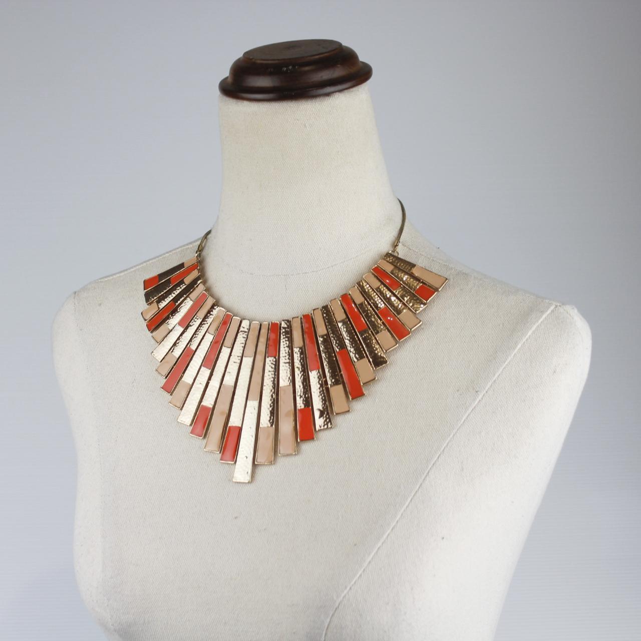 Statement Necklace Gold Orange Red Fan Shape Vintage Fashion
