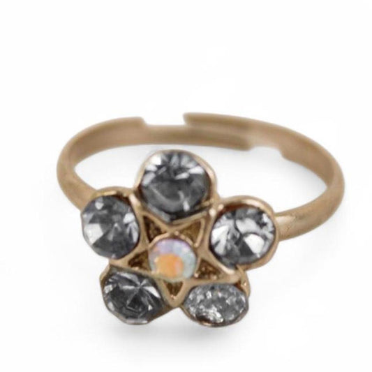 Silver Tone Blue Crystal Flower Ring Adjustable Stretch Band Floral Statement Je
