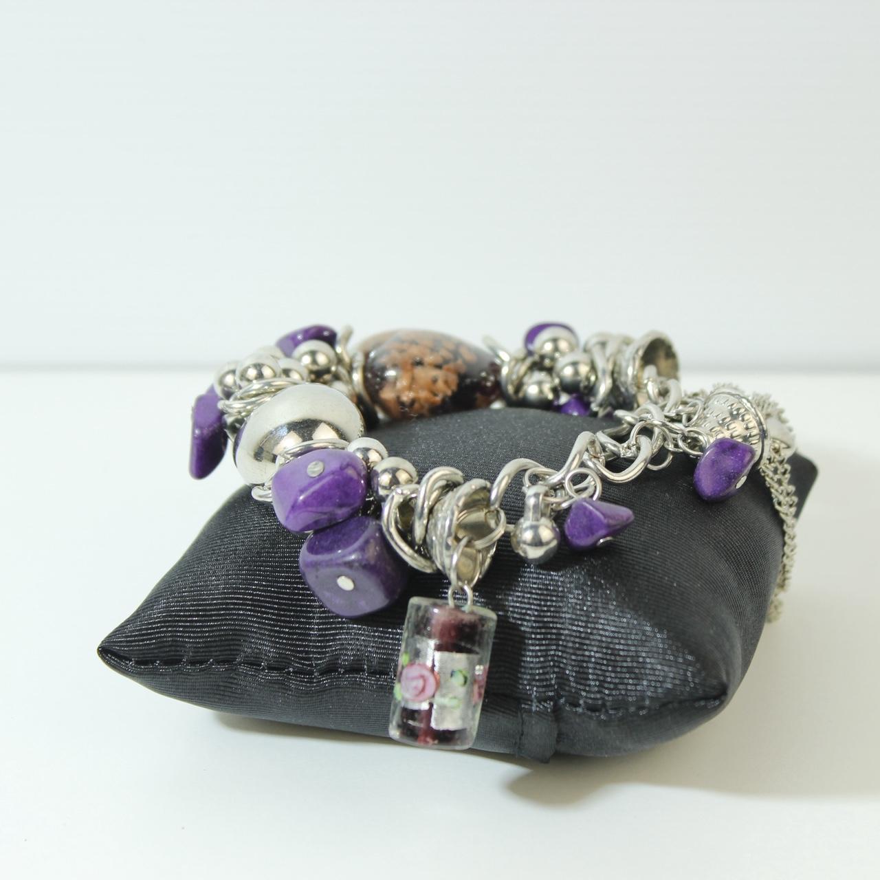 Chunky Silver Tone Charm Bracelet Purple Stone Chips Metallic Beads Large Chain