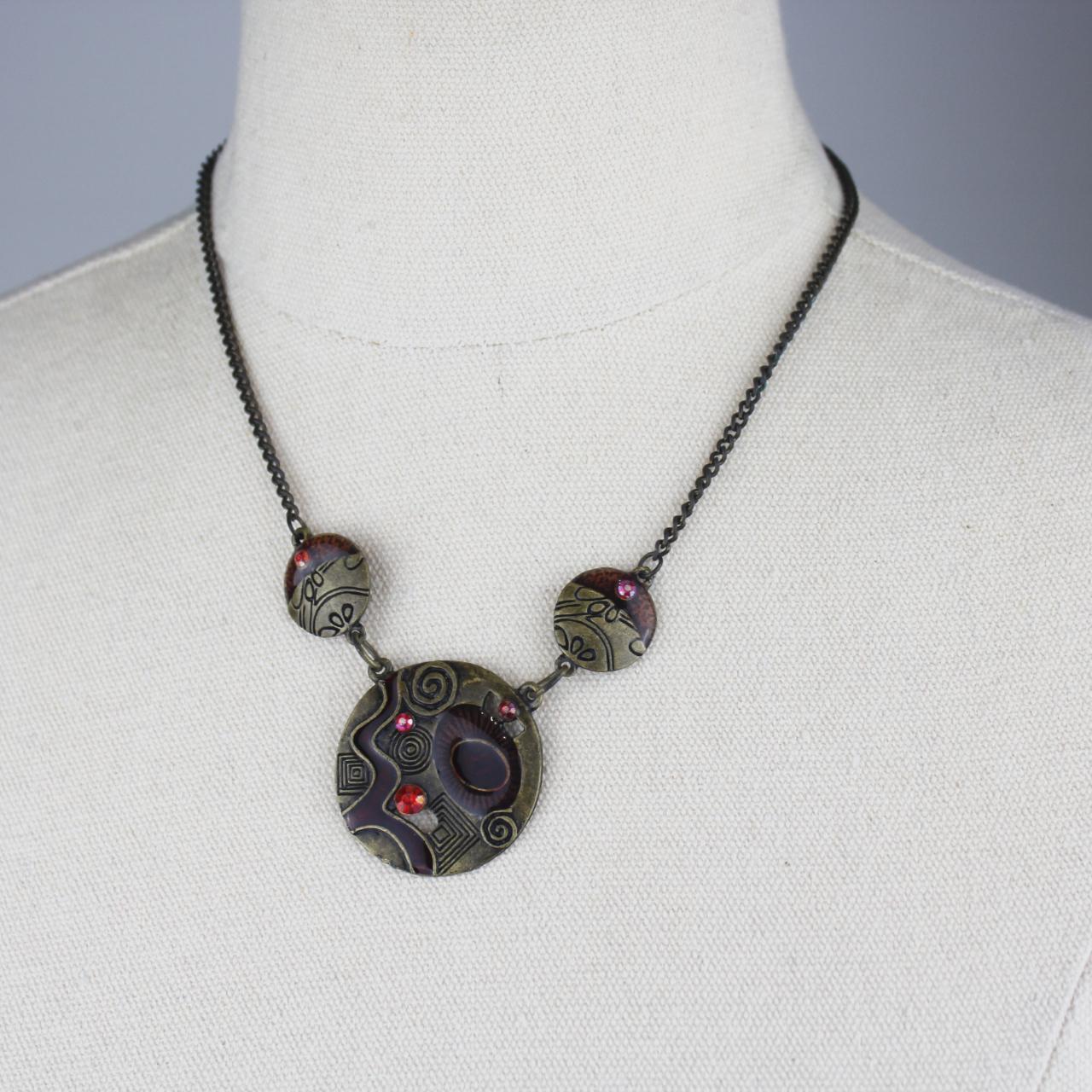 Pendant Necklace Black Chain Marbled Circular Pendant Red Pu