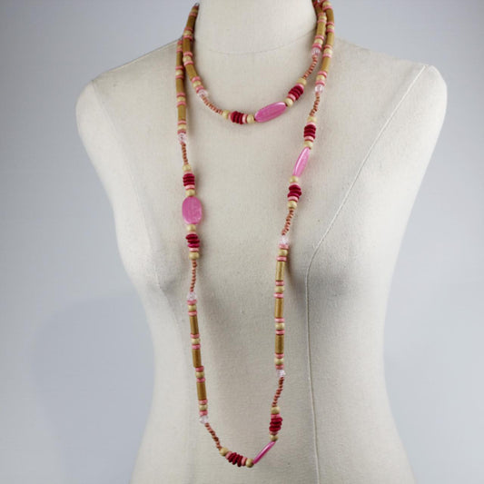 Bohemian Multi Strand Beaded Necklace Gold Pink Maroon Wood