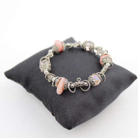 Vintage Silver Charm Bracelet with Pink and Clear Beads Eleg