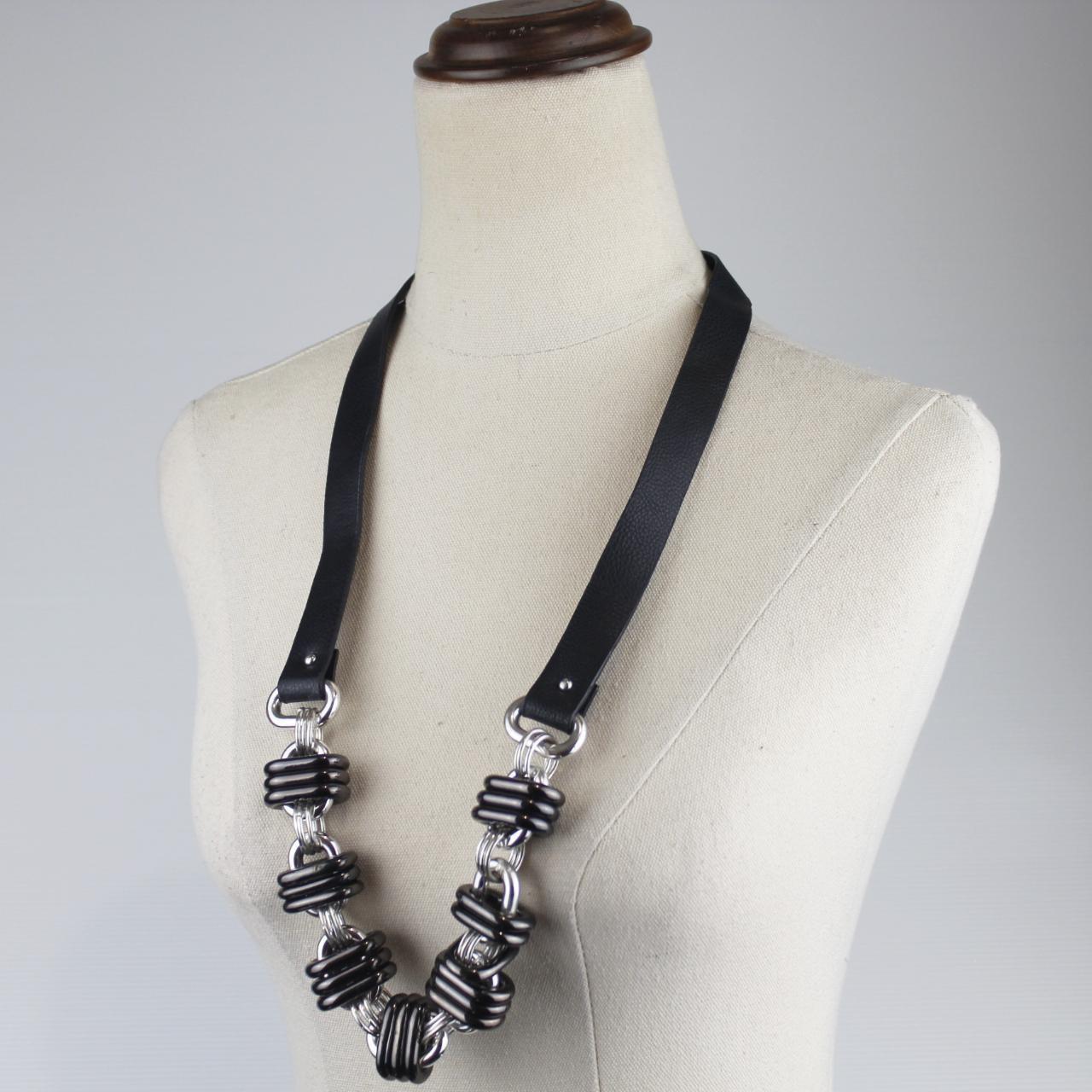 Decjuba Statement Necklace Black Leather Silver Black Cylind
