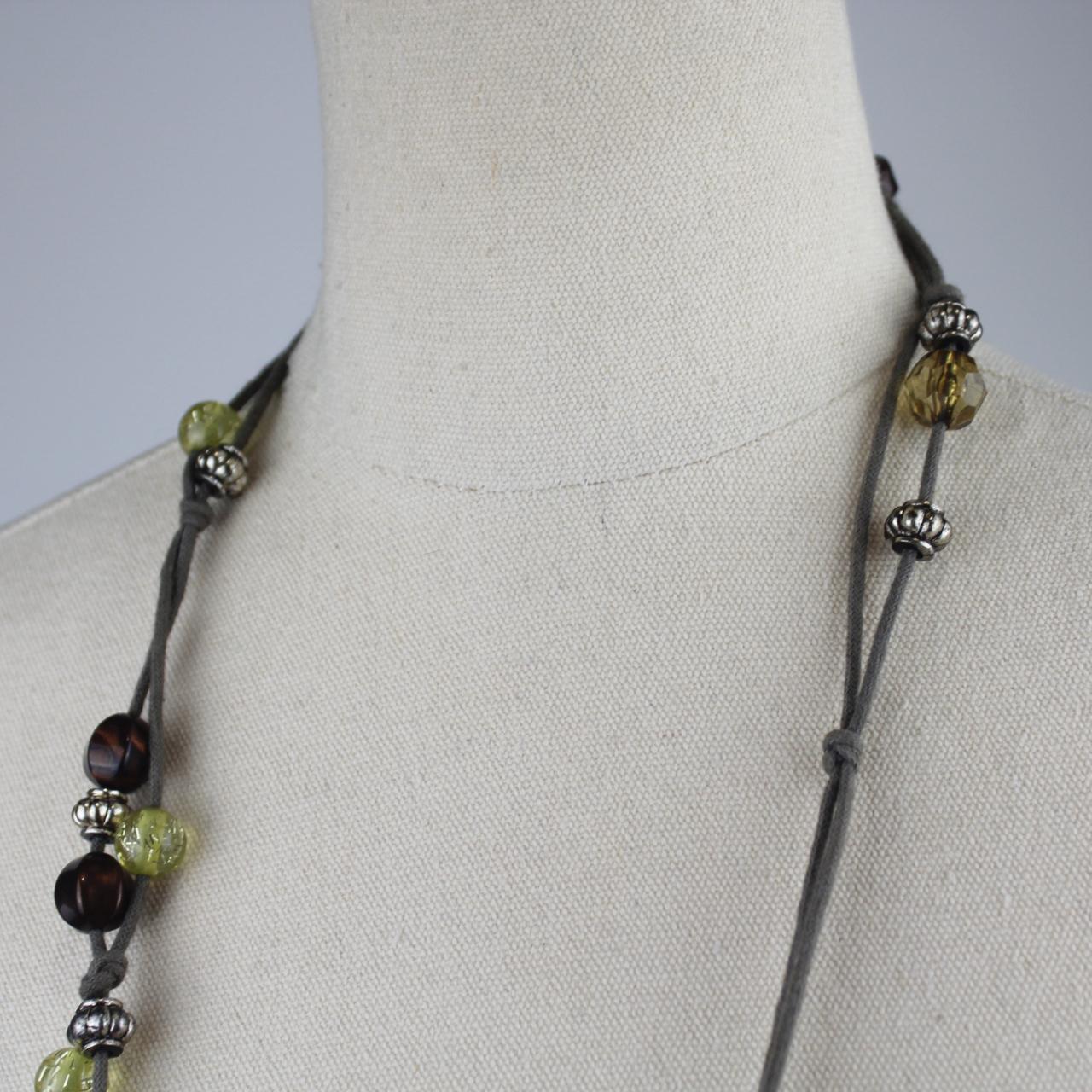 Long Multi Strand Beaded Necklace Gray Cord Brown Green Ambe