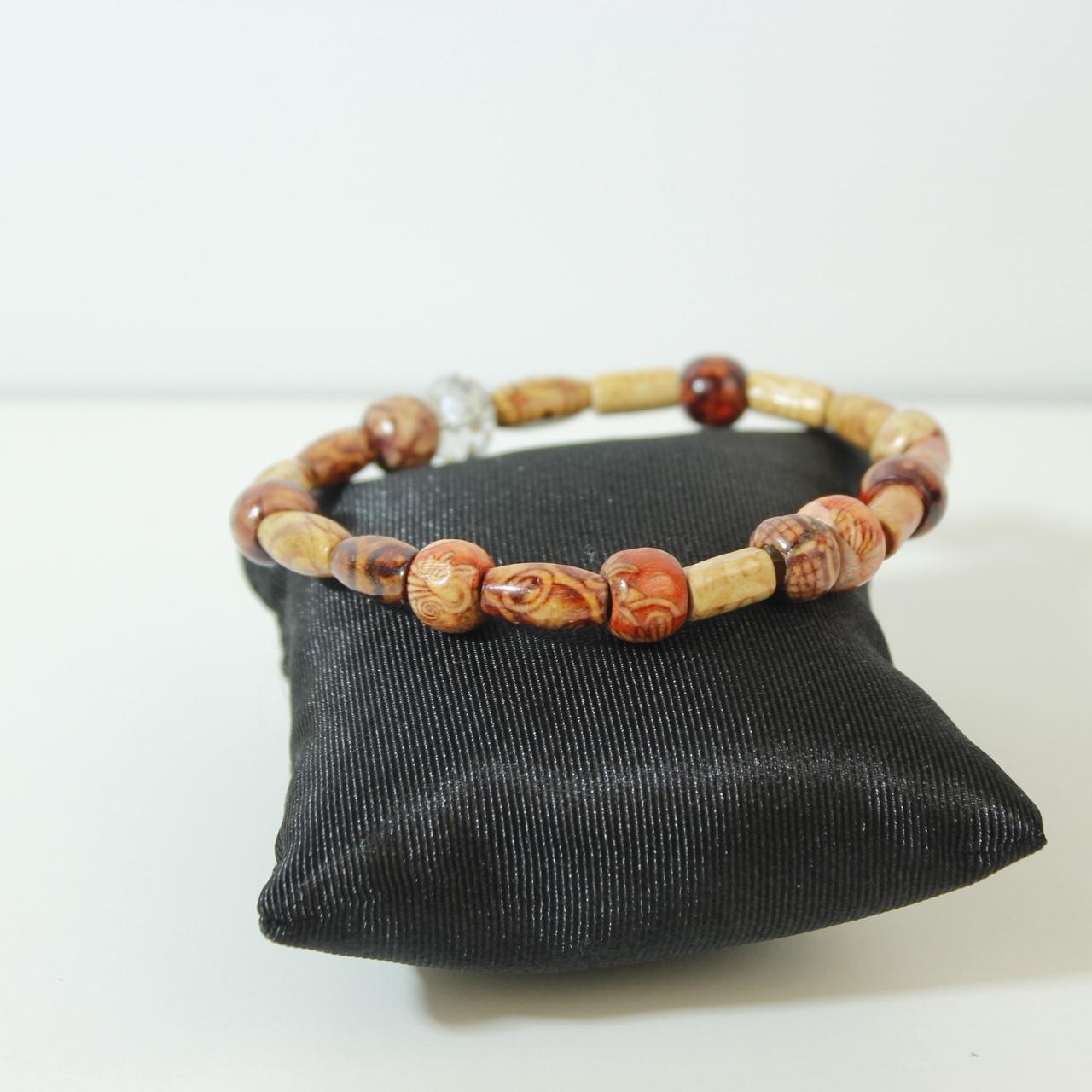 Vintage Leopard Skin Beaded Bracelet Wood Barrel Beads