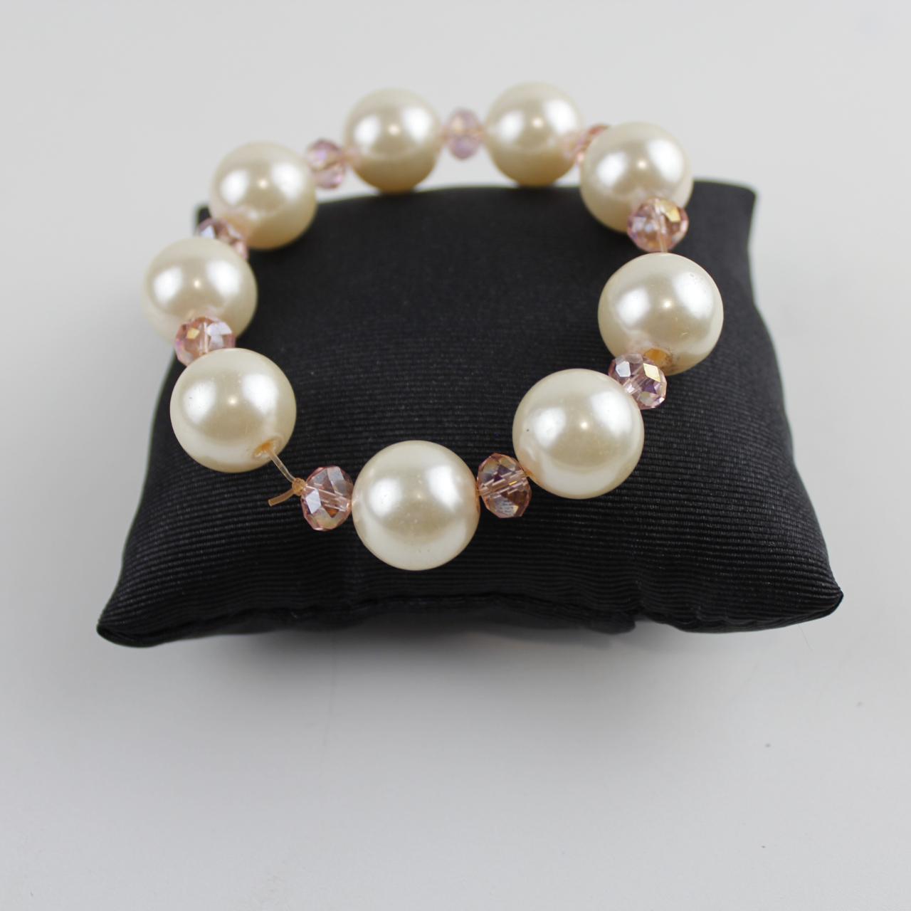 Vintage Faux Pearl & Pink Crystal Bracelet Stretch Beaded Je