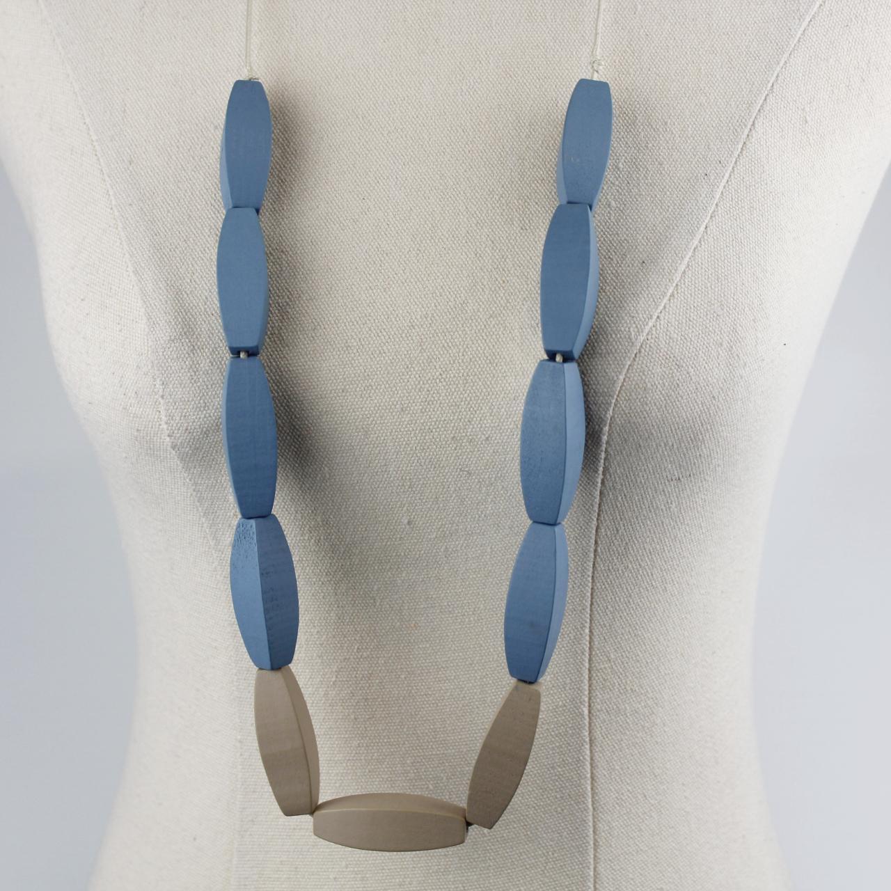 Long Beaded Necklace Blue Taupe Large Cylindrical Beads Wood