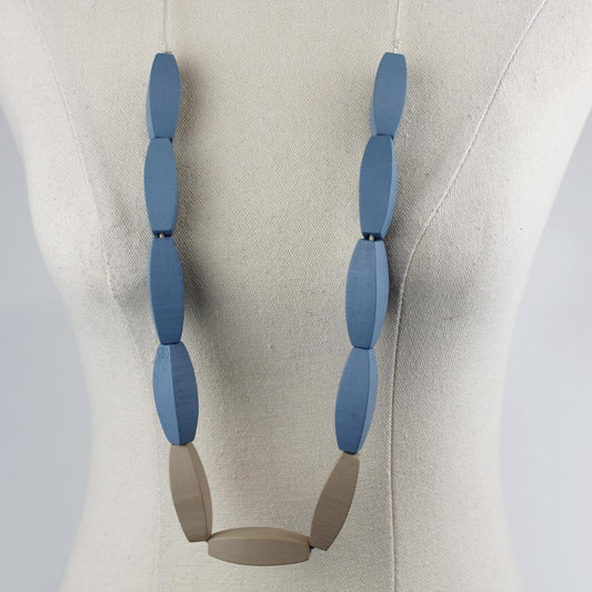 Long Beaded Necklace Blue Taupe Large Cylindrical Beads Wood