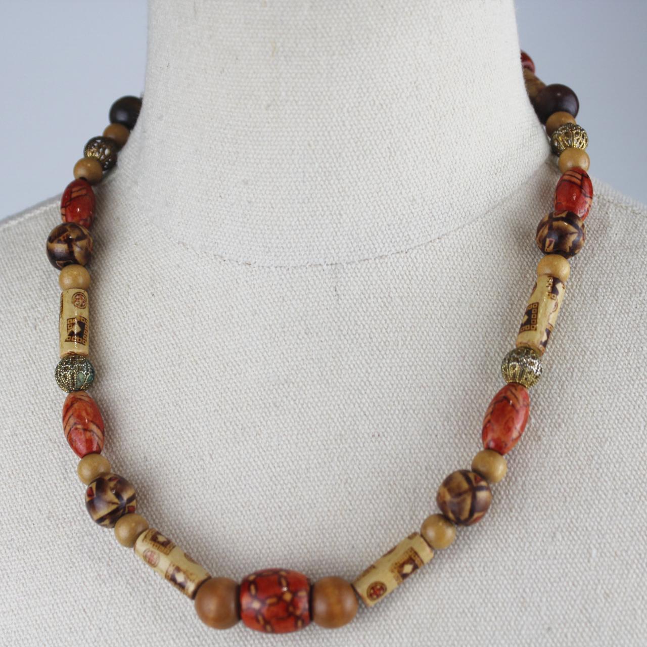 Beaded Necklace Brown Tan Red Beads Rustic Boho Fashion Jewe