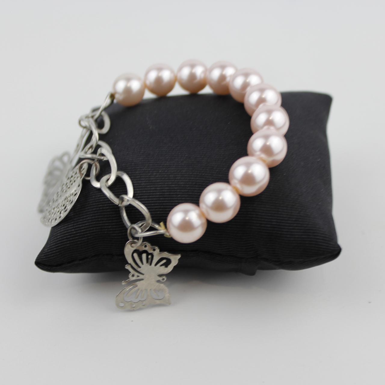 Pink Pearl Bracelet Silver Chain Butterfly Heart Charm Jewel