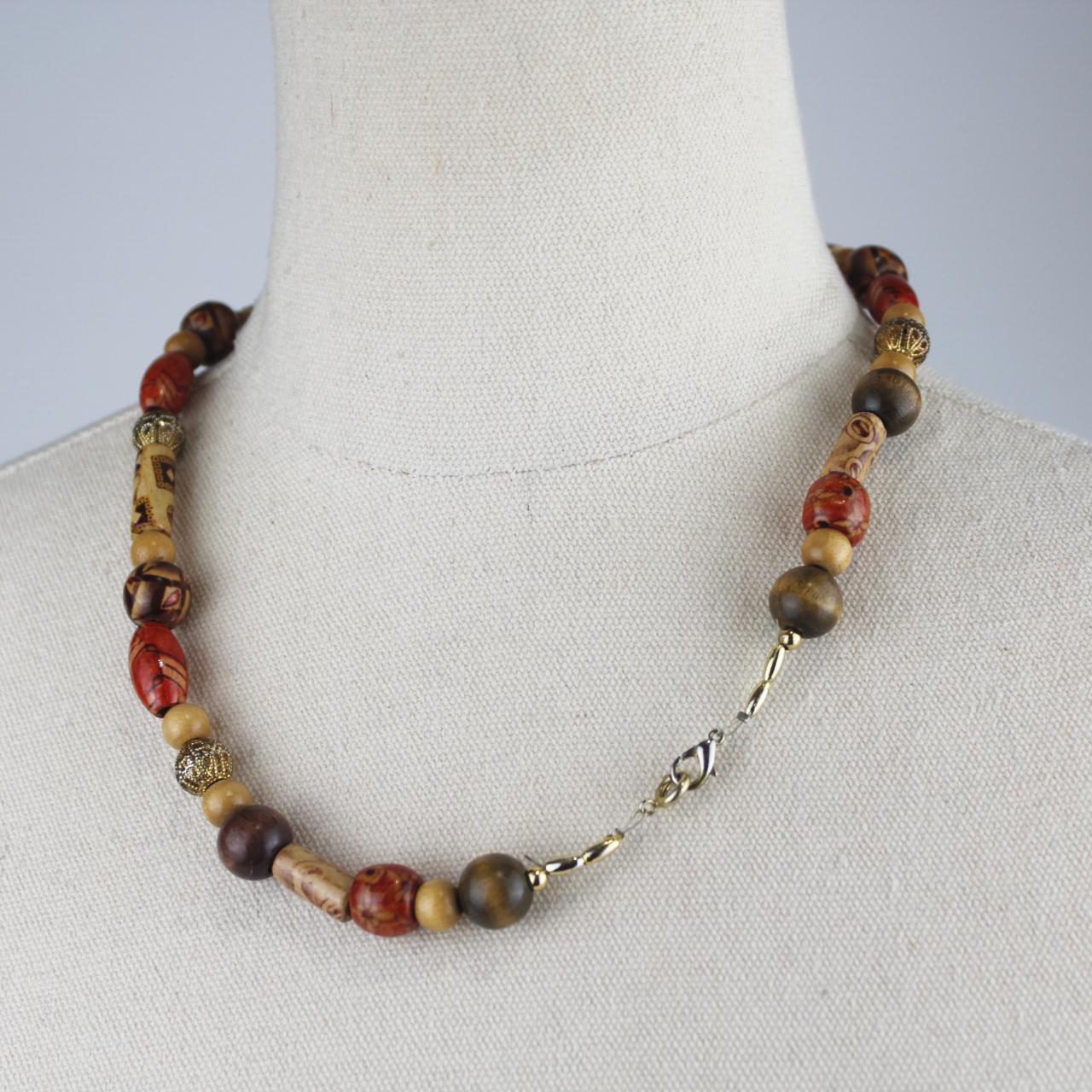 Beaded Necklace Brown Tan Red Beads Rustic Boho Fashion Jewe