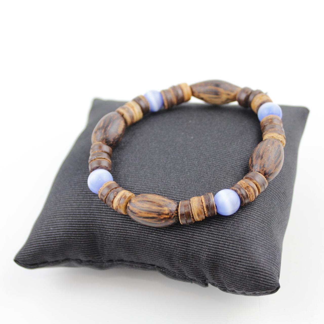 Wooden Bead Bracelet Brown Blue Glass Beads Bohemian Stretch