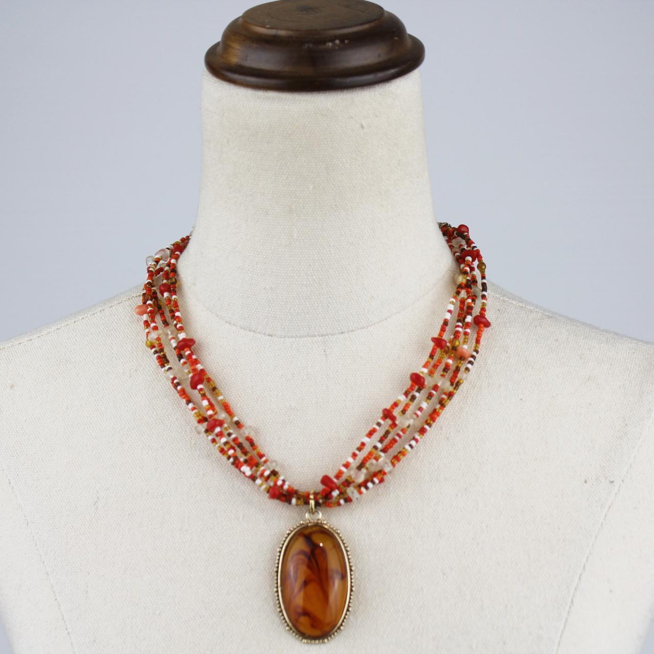 Multistrand Beaded Necklace Red Orange White Beads Marbled P