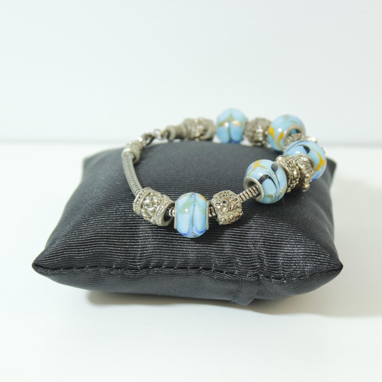 Light Blue Floral Glass Bead Charm Bracelet Silver Tone Clear Rhinestone Spacers