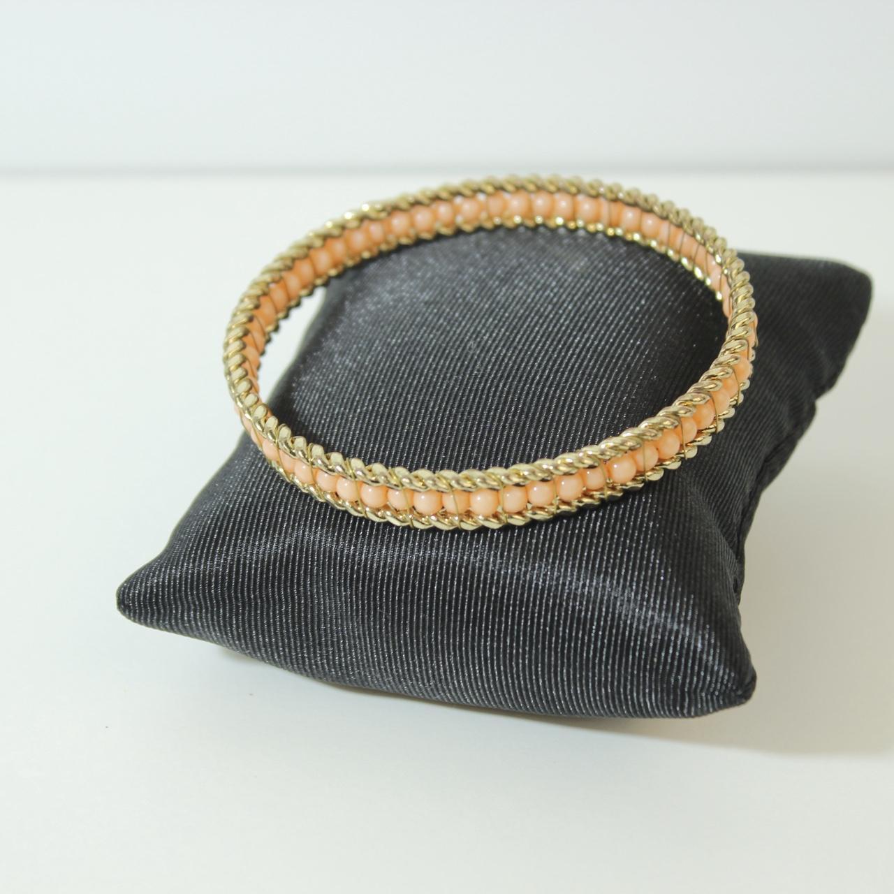 Gold Tone Triple Row Bangle Bracelet Beaded Center Rope Edge Detail