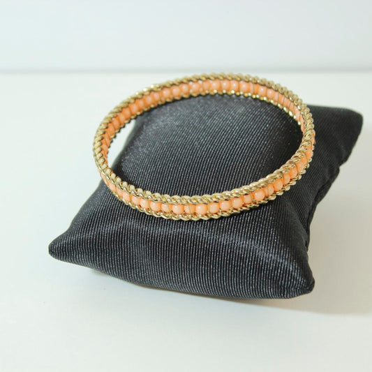 Gold Tone Triple Row Bangle Bracelet Beaded Center Rope Edge Detail