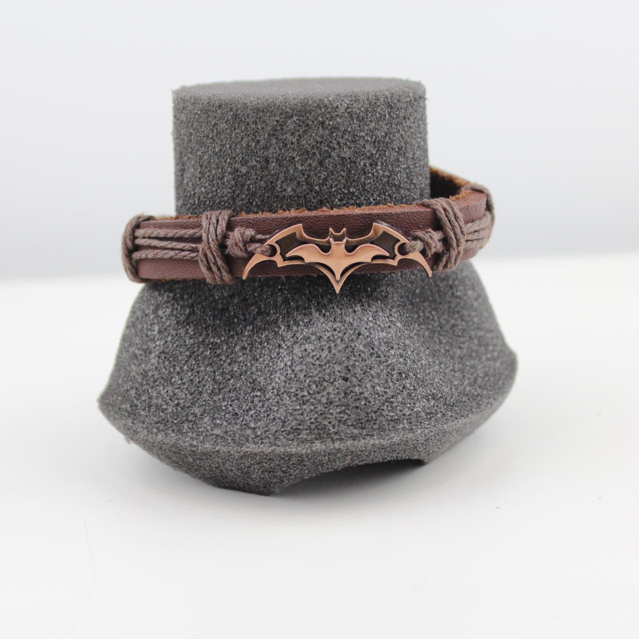 Brown Leather Bracelet Batman Logo Charm Copper Tone Jewelry