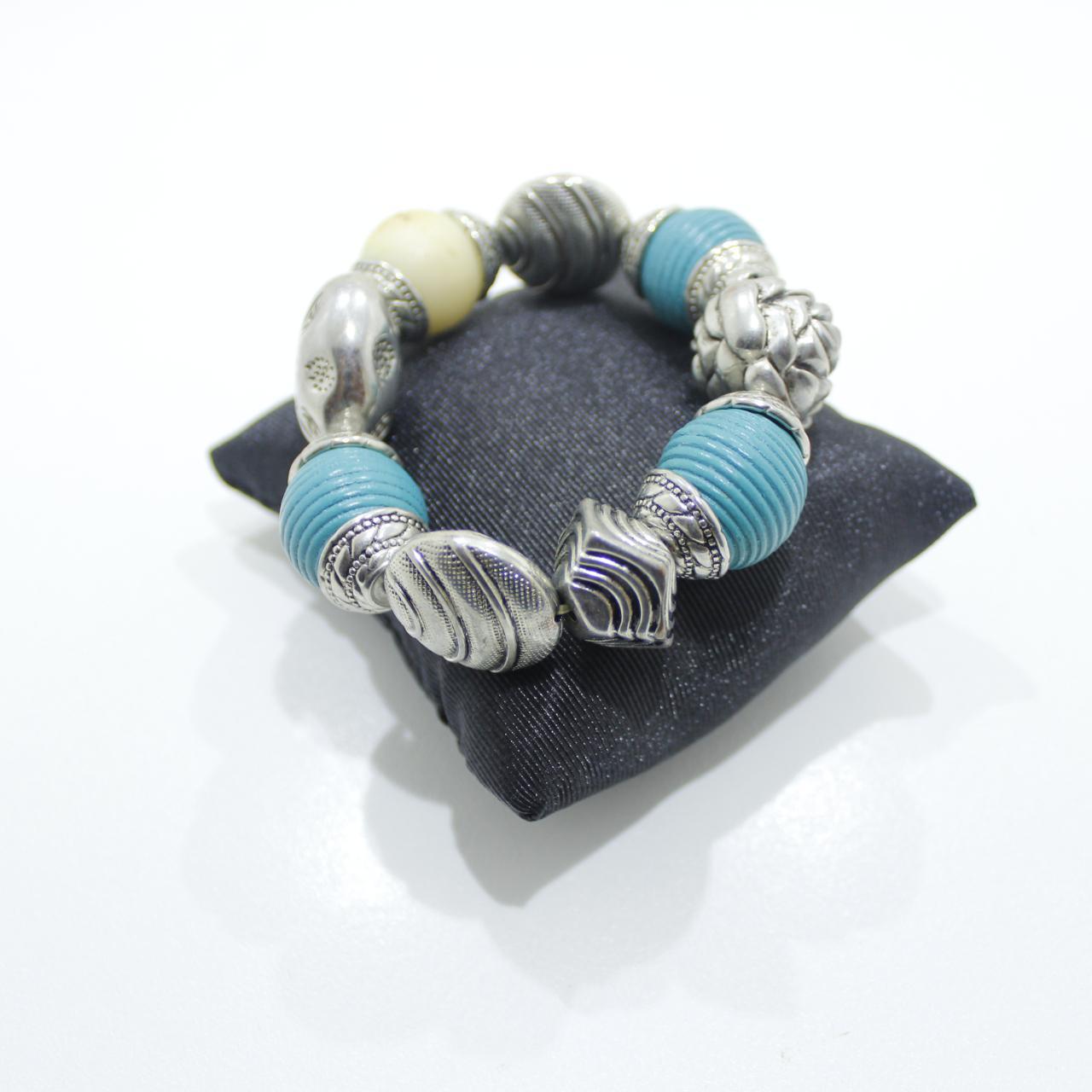 Womens Chunky Stretch Bracelet Silver Tone Turquoise Blue Ro