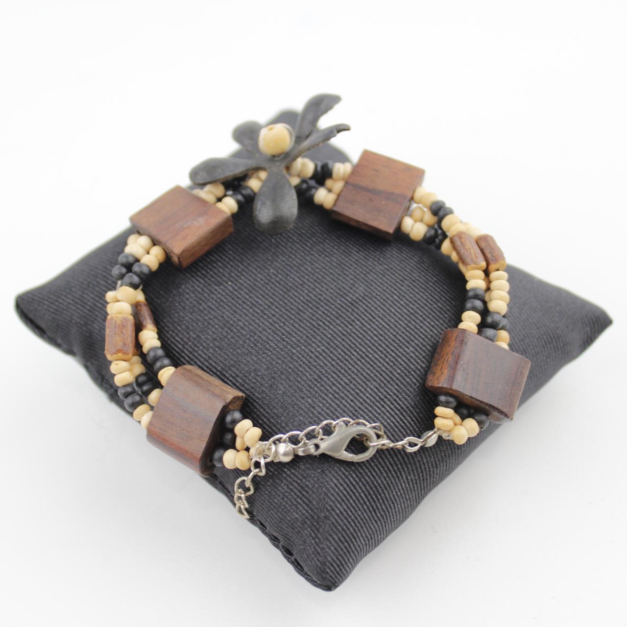 Multi Strand Beaded Bracelet Black White Beige Wooden Beads