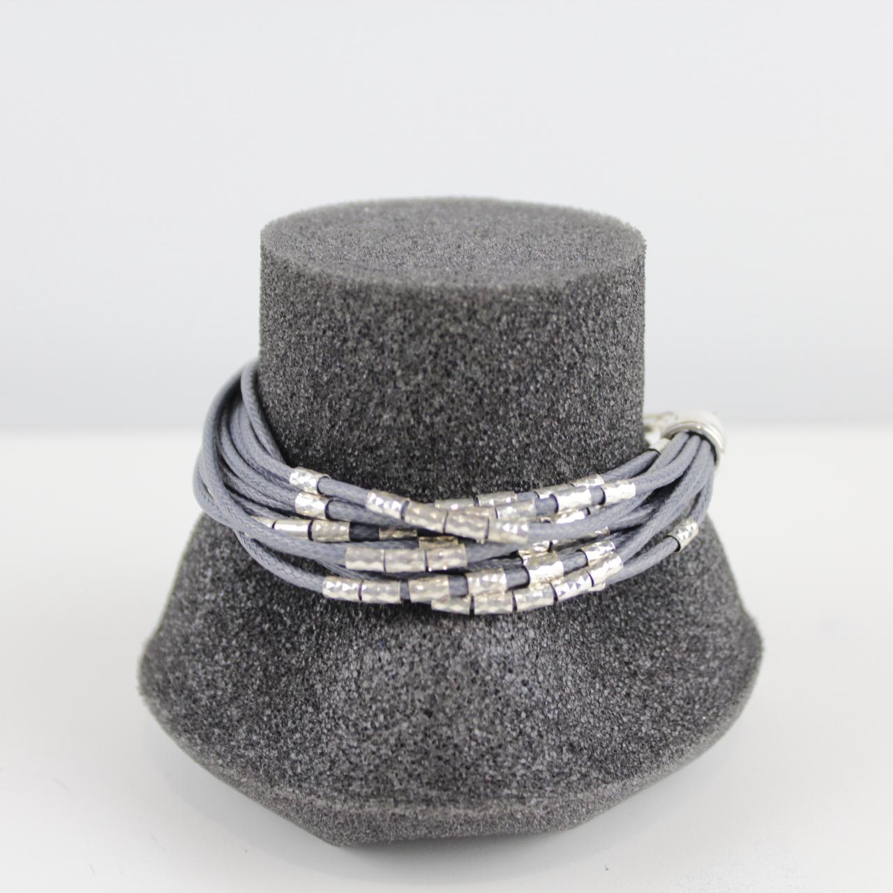 Cord Bracelet with Silver Beads - Gray - Boho Chic - Multi-S