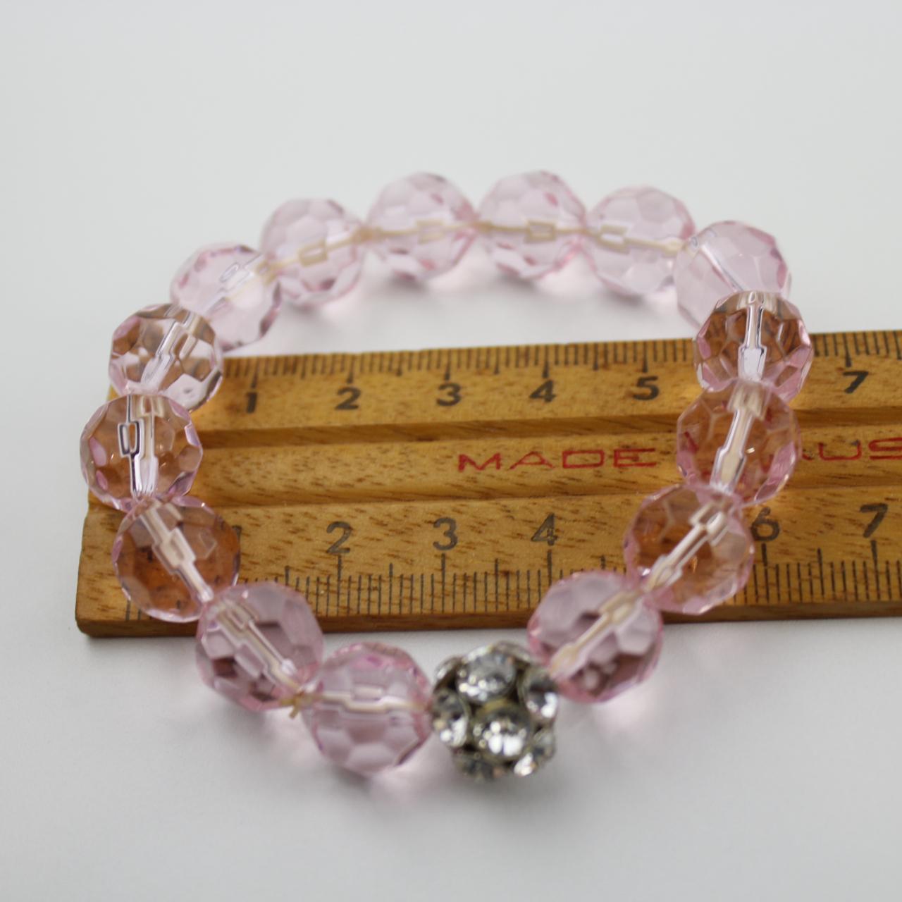 Pink Faceted Glass Bead Stretch Bracelet Rhinestone Accent V