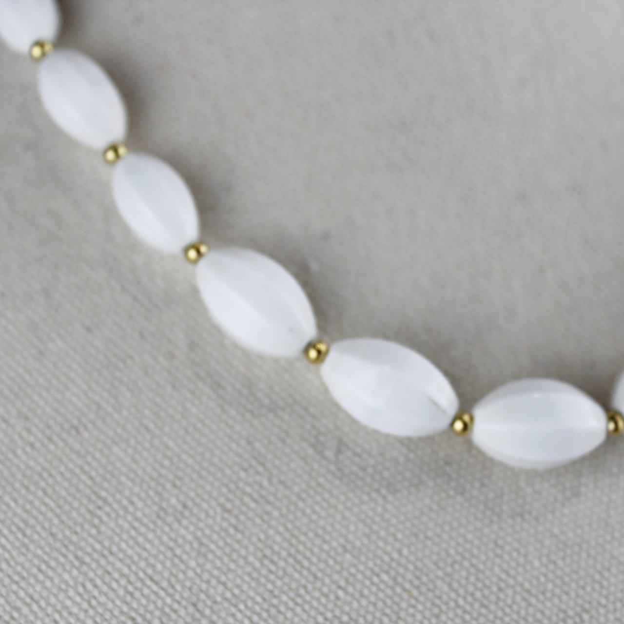 White Bead Necklace Oval Large Beads Gold Tone Spacers White
