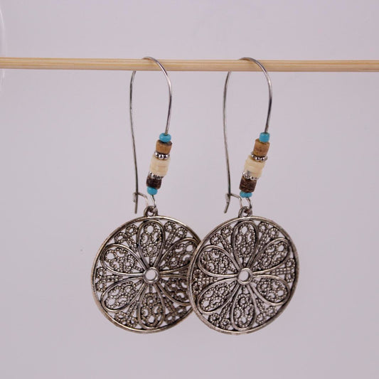 Boho Filigree Mandala Drop Earrings Silver tone Beaded Kidney Hook Ethnic Dangle