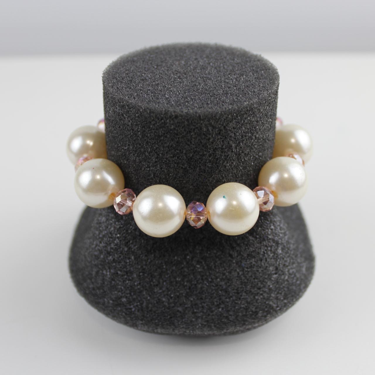 Vintage Faux Pearl & Pink Crystal Bracelet Stretch Beaded Je