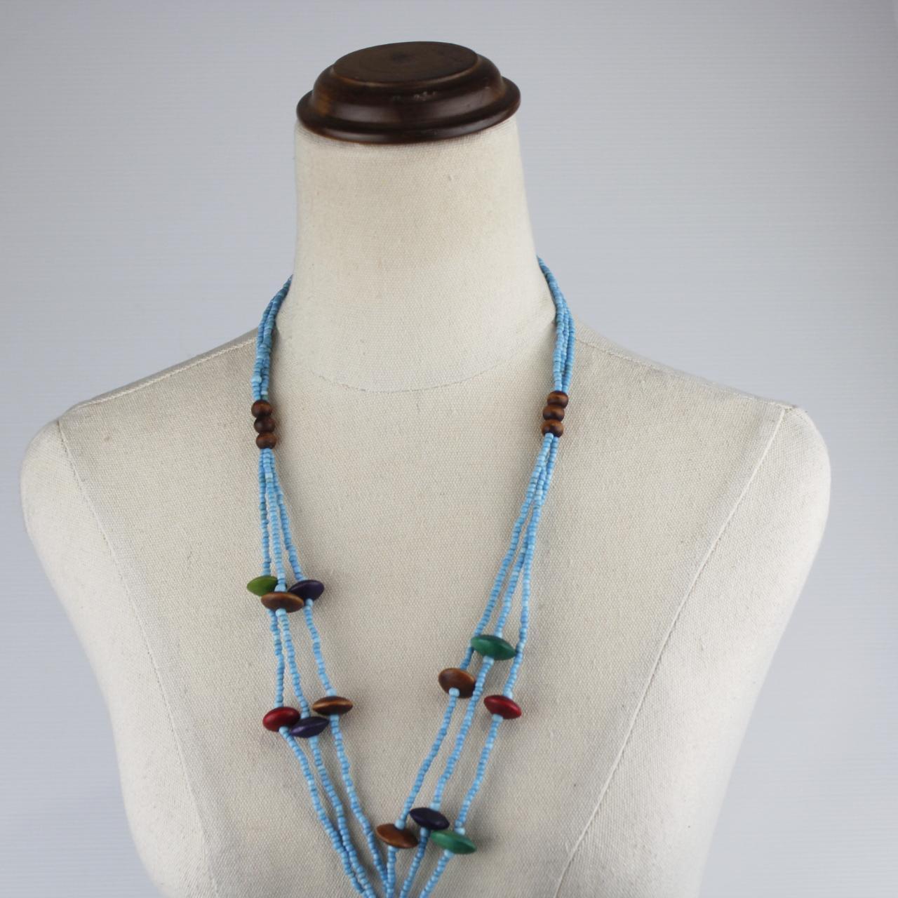 Boho Multi Strand Beaded Necklace Light Blue Glass Beads Woo