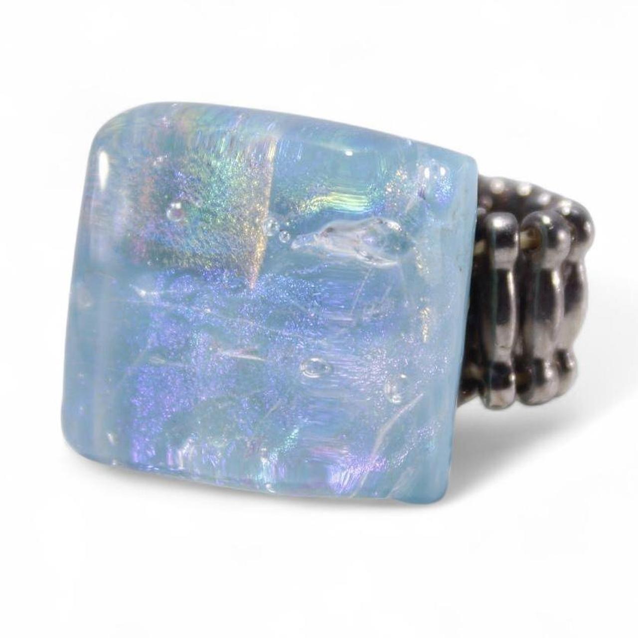 Chunky Square Opalite Stretch Ring Accordion Band Blue White