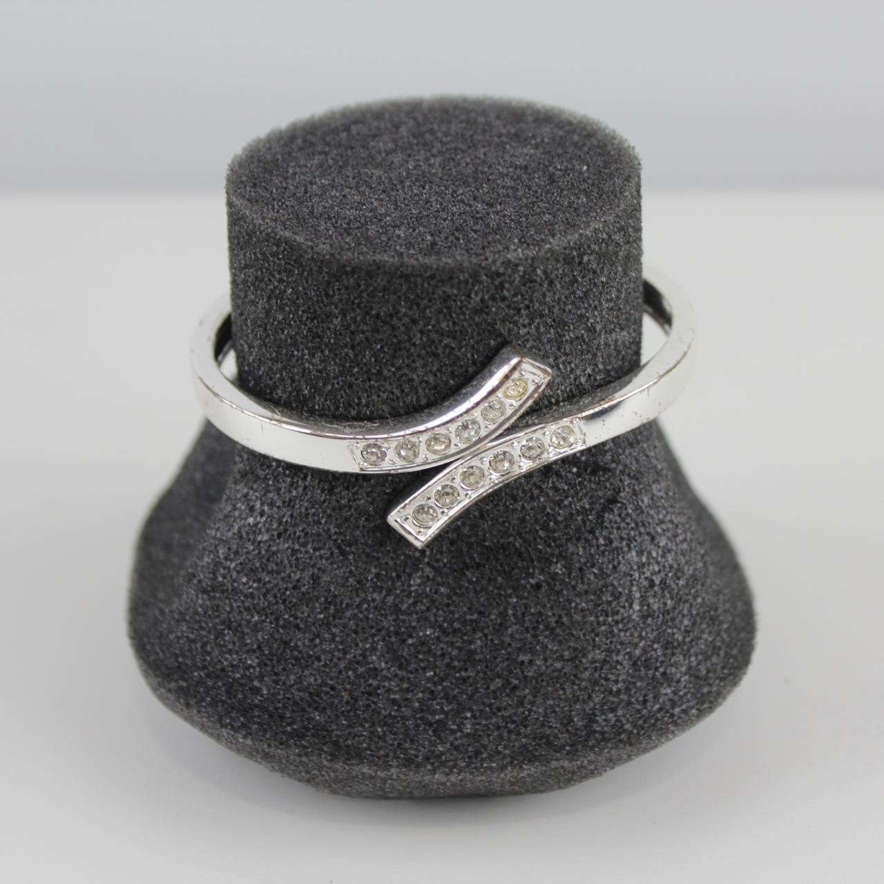 Silver Tone Cuff Bracelet with Rhinestones - Open Work Desig