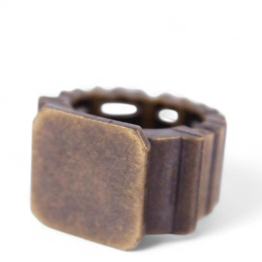 Vintage Brutalist Square Signet Ring Brassy tone Wide Industrial Statement Stret