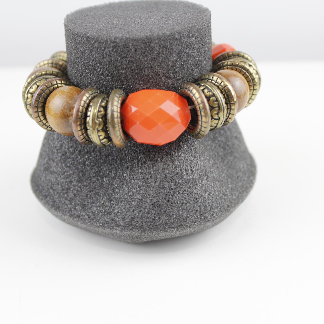 Boho Wood & Orange Bead Stretch Bracelet Chunky Statement Co