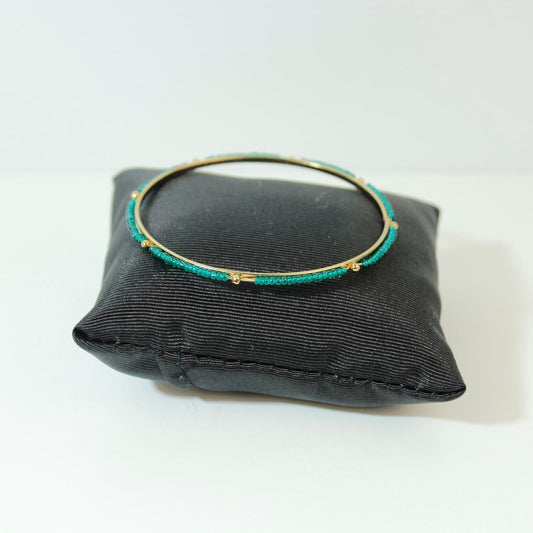 Vintage Teal Enamel Bangle Gold Tone Bracelet Geometric Art Deco Style Statement