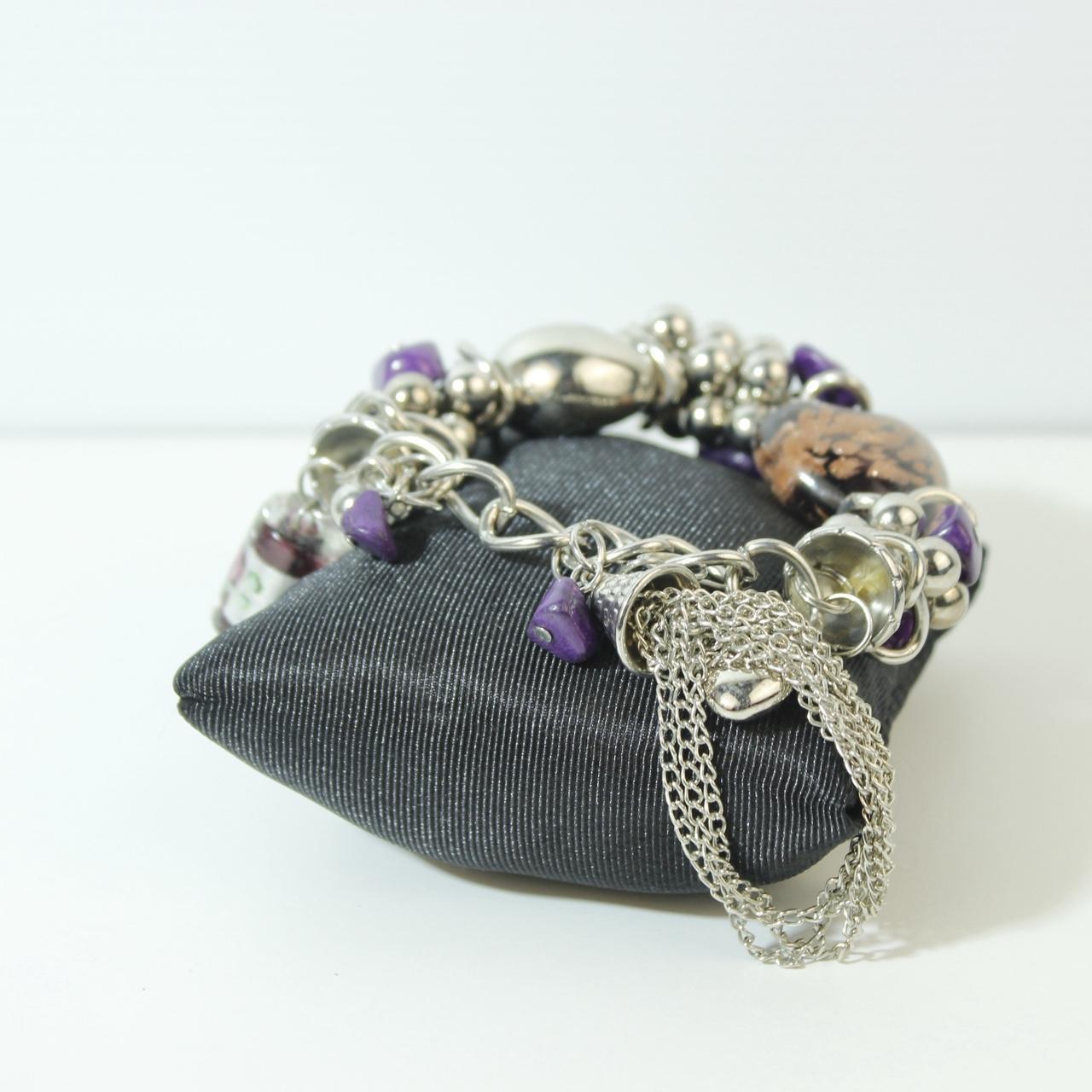 Chunky Silver Tone Charm Bracelet Purple Stone Chips Metallic Beads Large Chain