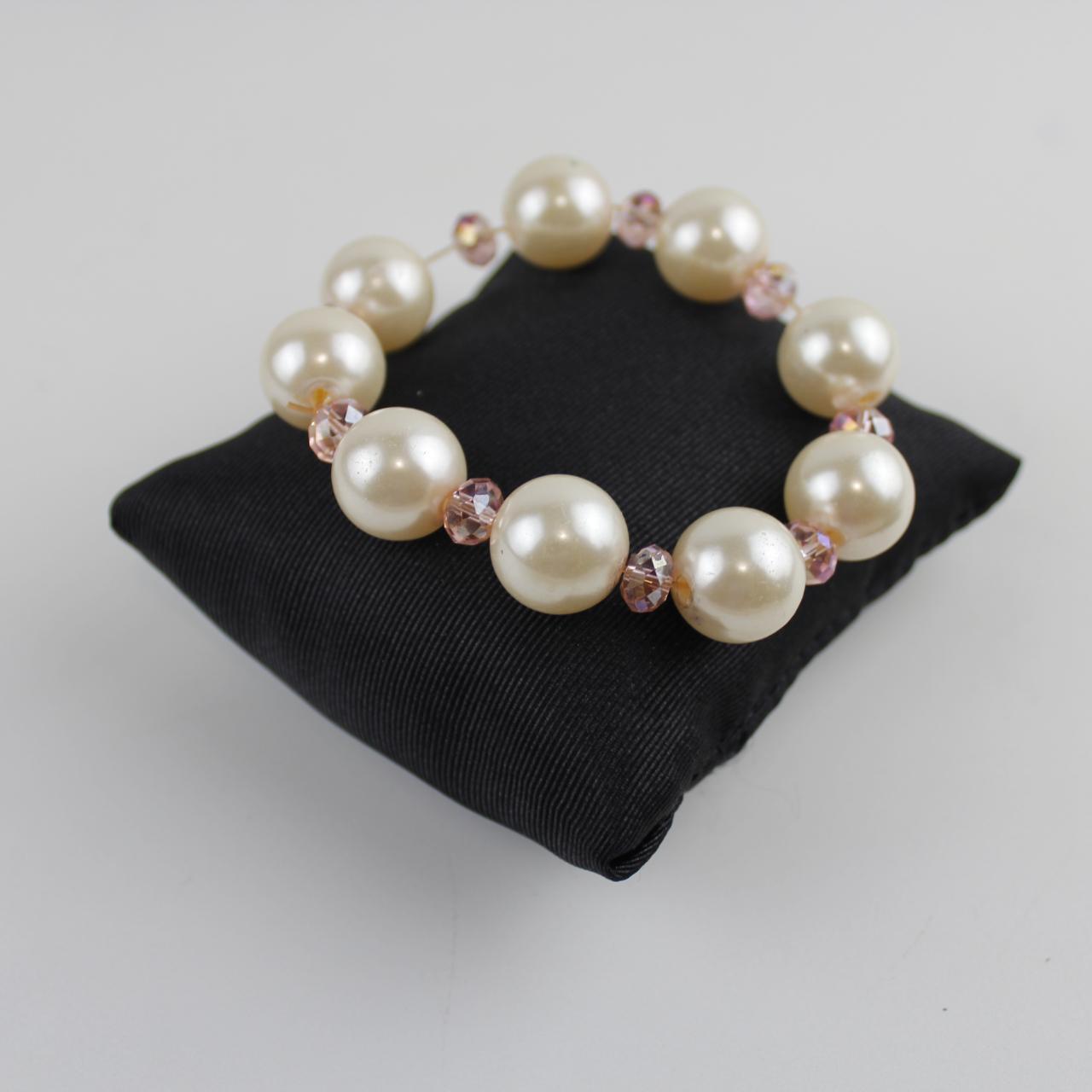 Vintage Faux Pearl & Pink Crystal Bracelet Stretch Beaded Je