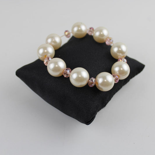 Vintage Faux Pearl & Pink Crystal Bracelet Stretch Beaded Je