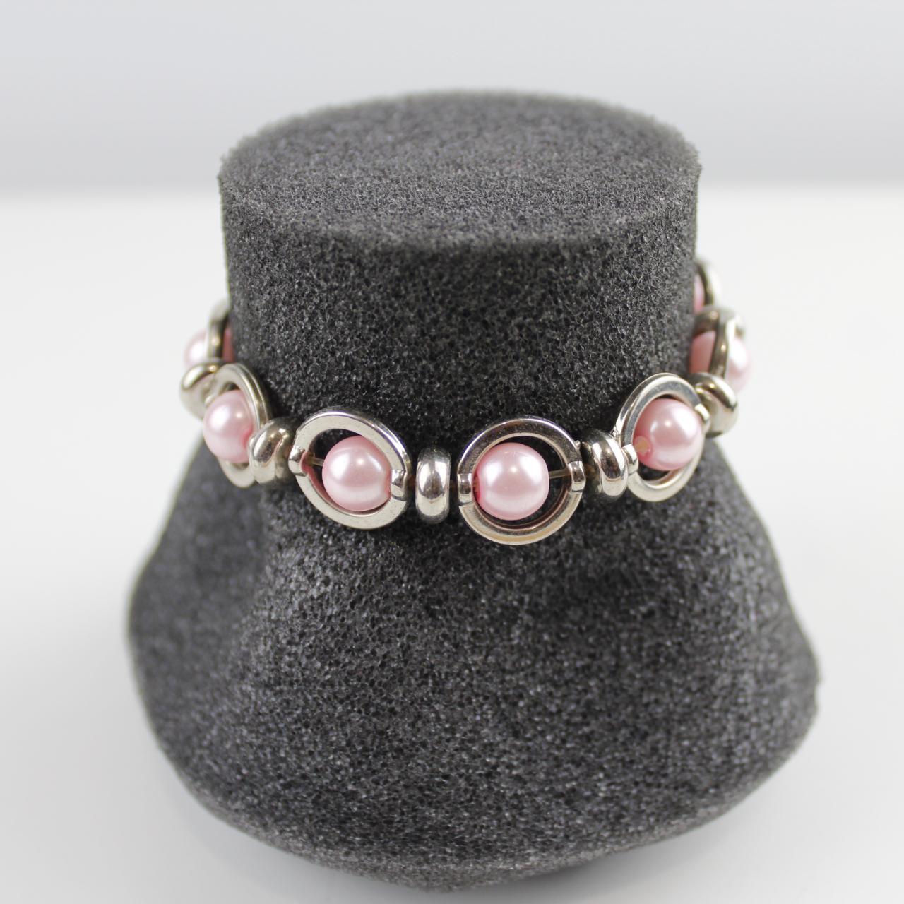 Pink Pearl & Silver Peace Sign Charm Bracelet Beaded Fashion