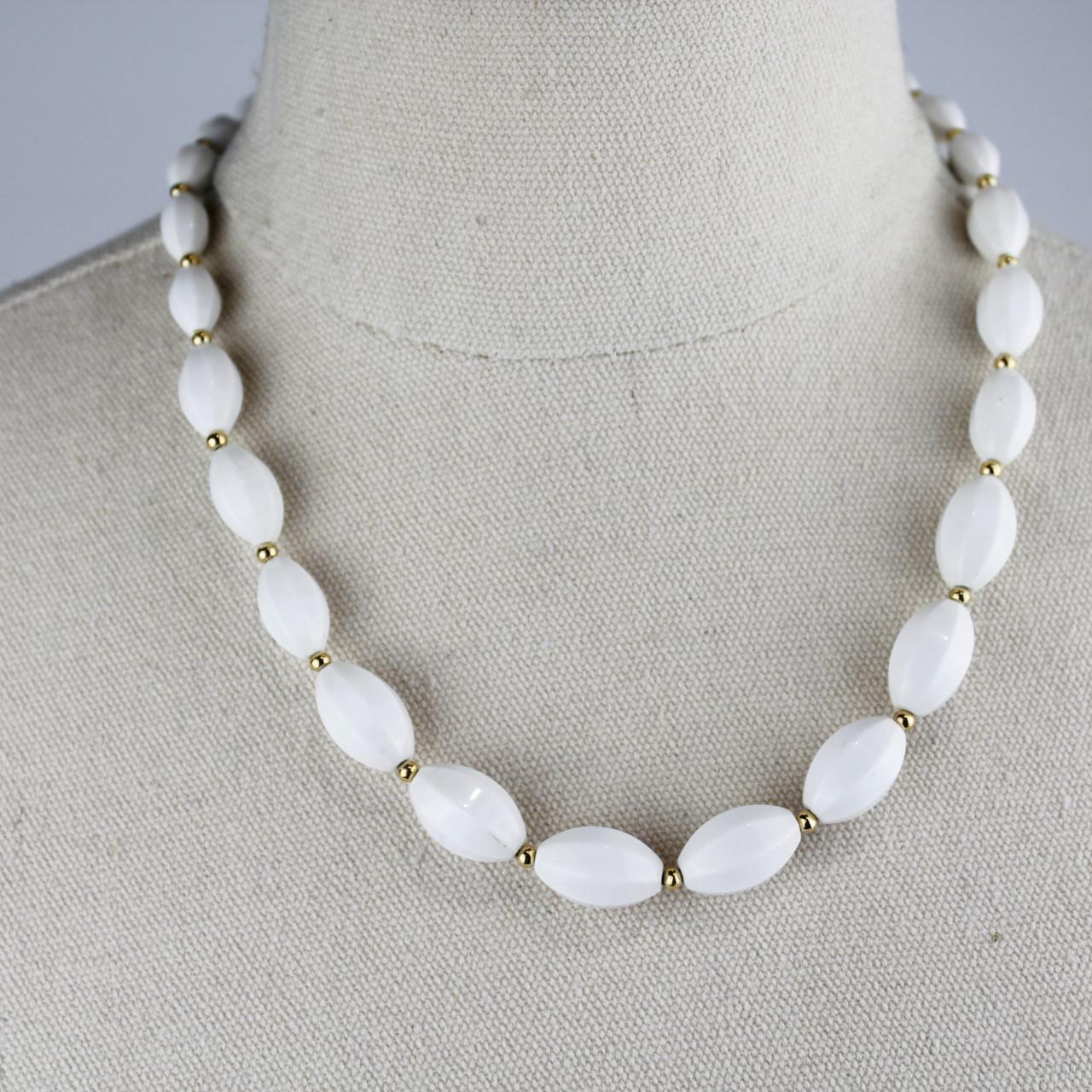 White Bead Necklace Oval Large Beads Gold Tone Spacers White