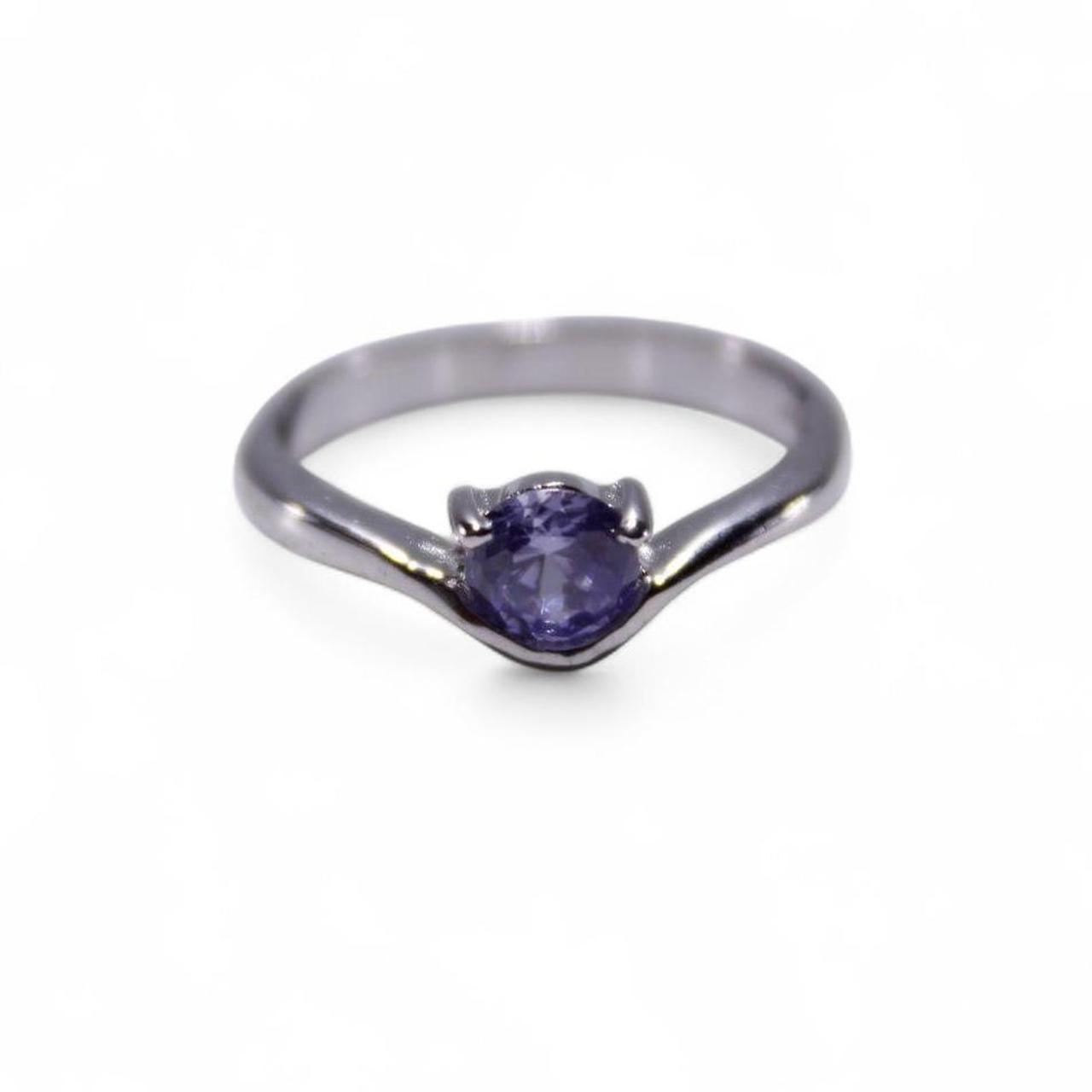 Silver Tone Solitaire Ring Round Purple Colour Stone Minimal