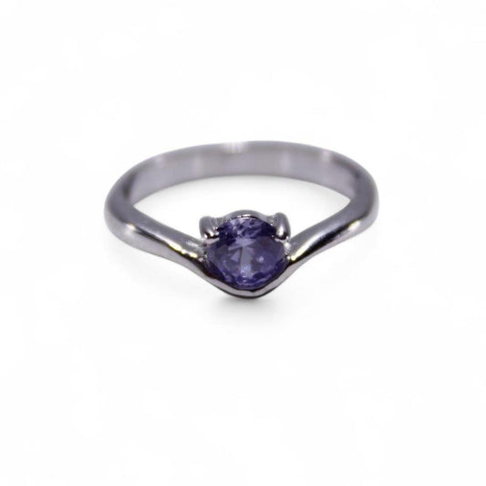 Silver Tone Solitaire Ring Round Purple Colour Stone Minimal
