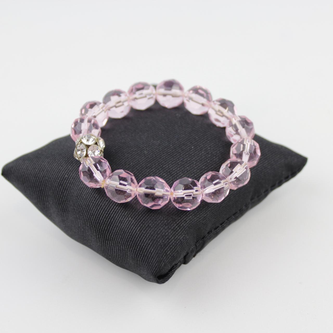 Pink Faceted Glass Bead Stretch Bracelet Rhinestone Accent V