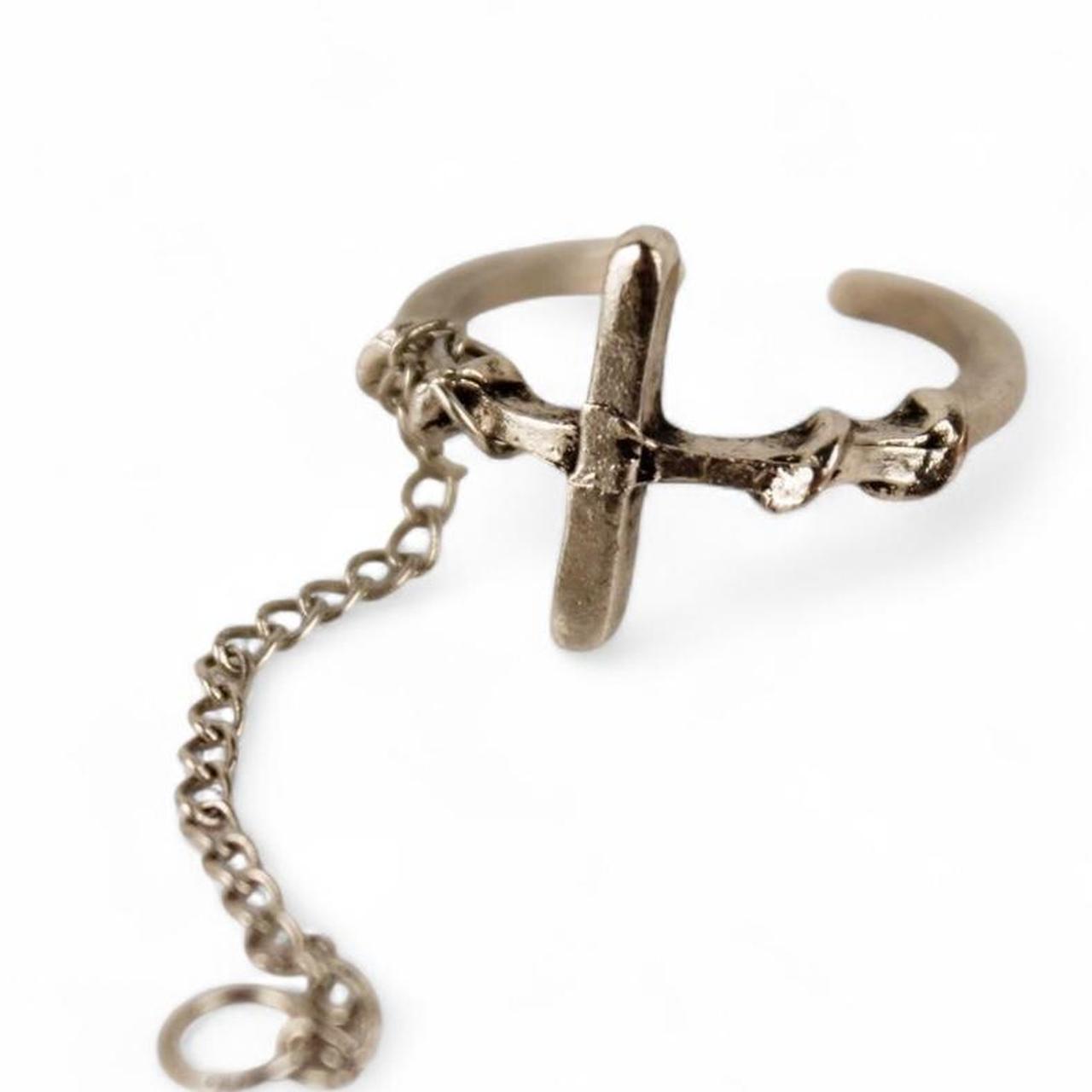 Cross Charm Ring Silver tone  Dangle Chain Gothic Punk Jewellery  Good pre-loved
