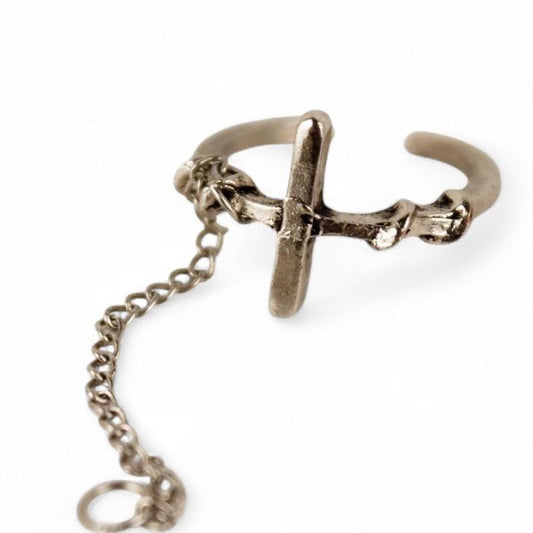 Cross Charm Ring Silver tone  Dangle Chain Gothic Punk Jewellery  Good pre-loved