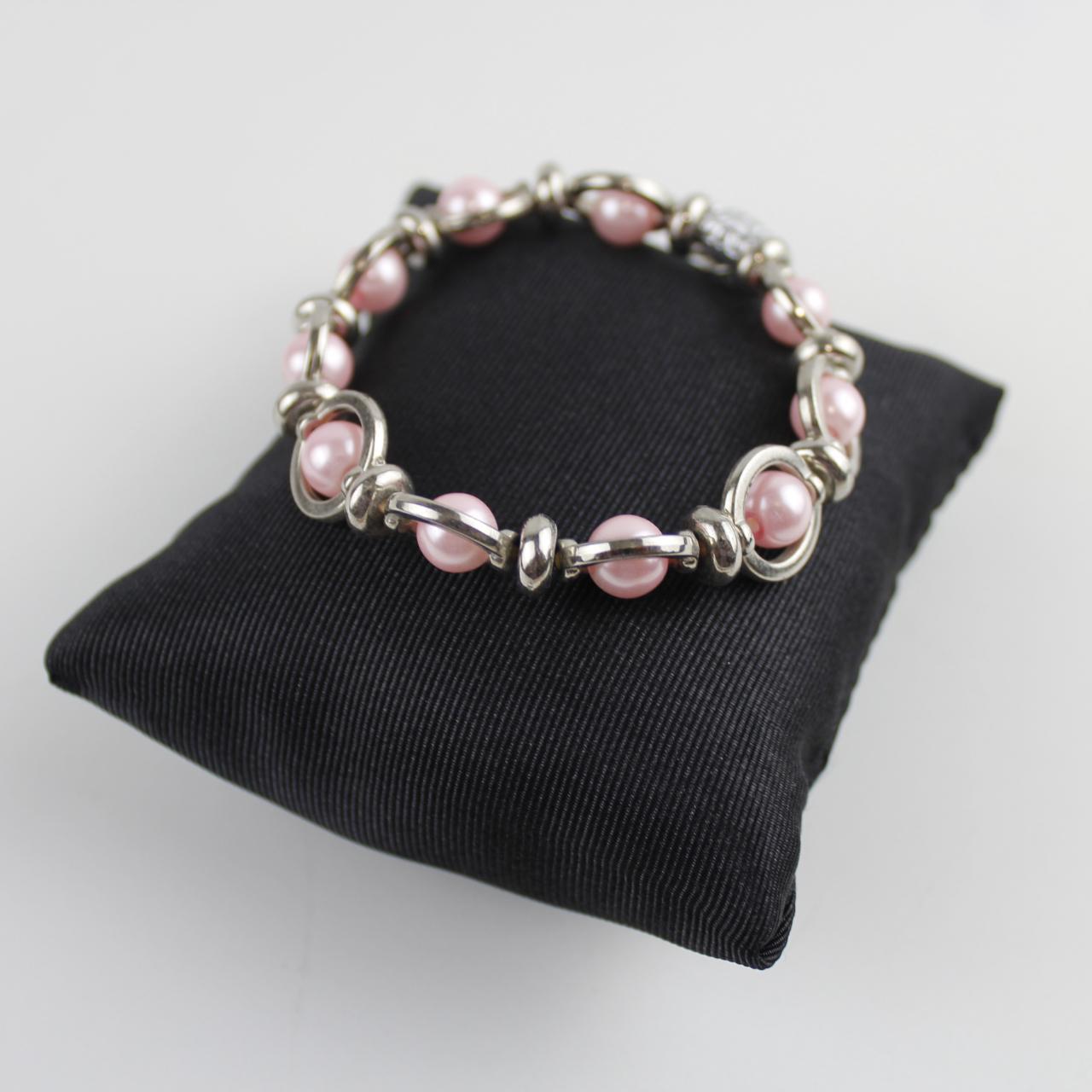Pink Pearl & Silver Peace Sign Charm Bracelet Beaded Fashion