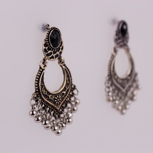 Silver Tone Oxidised Indian Chandbali Jhumka Earrings Black Stone Tribal Boho Et