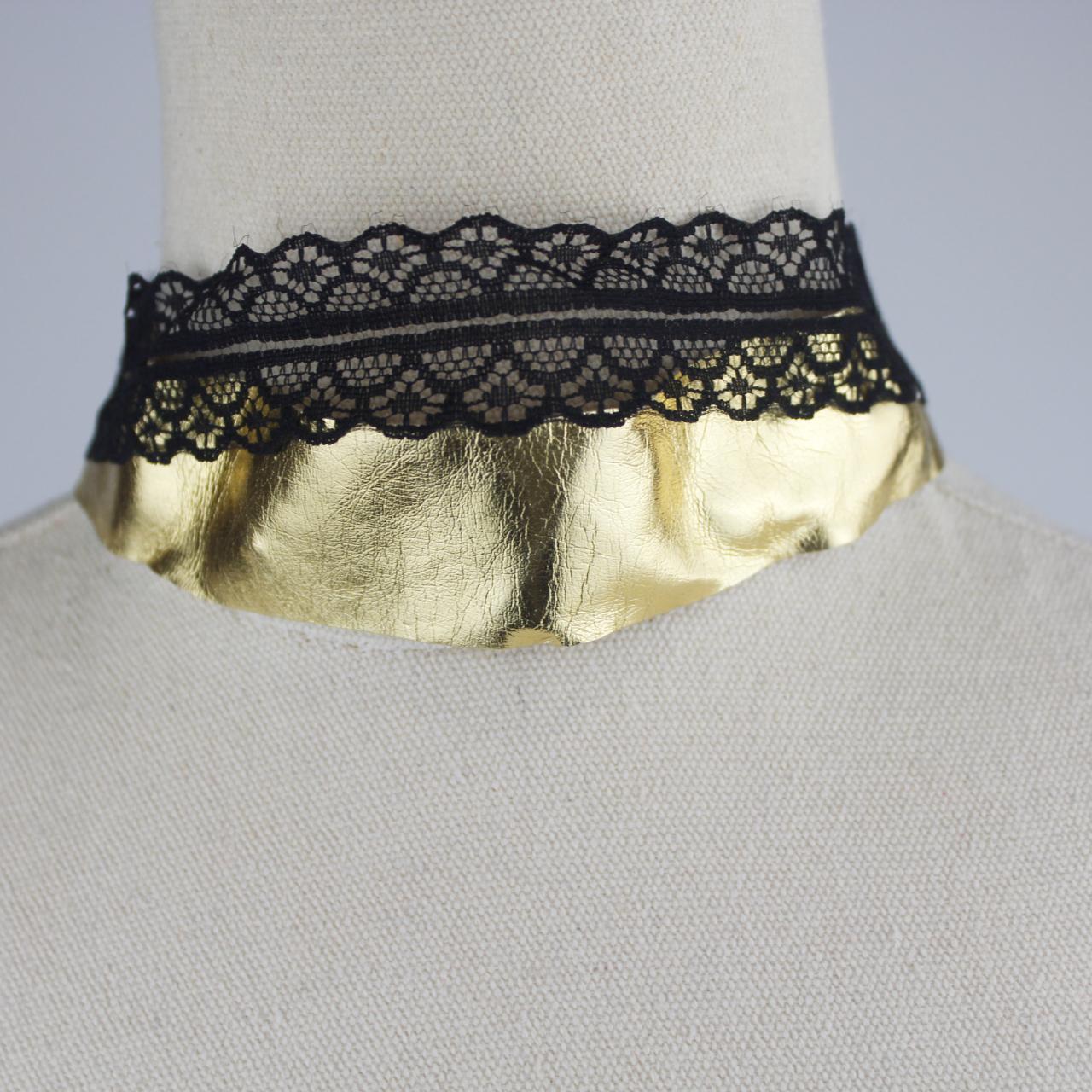 Choker Necklace Black Lace Gold Metallic Accents Wide Band E