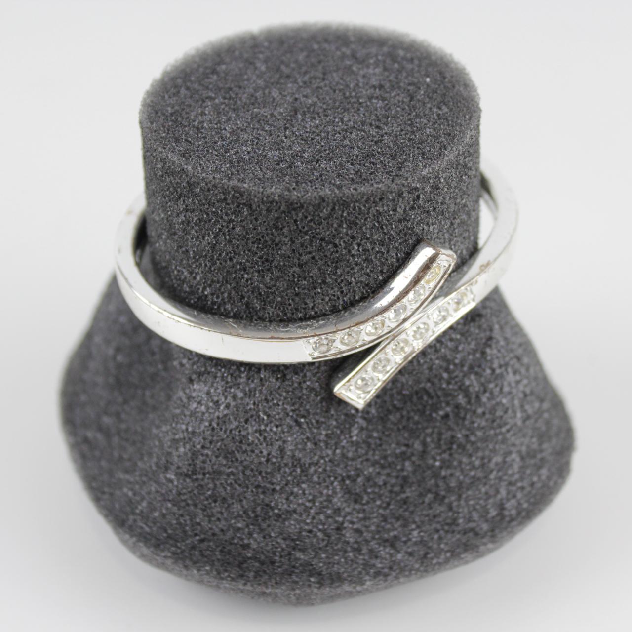 Silver Tone Cuff Bracelet with Rhinestones - Open Work Desig