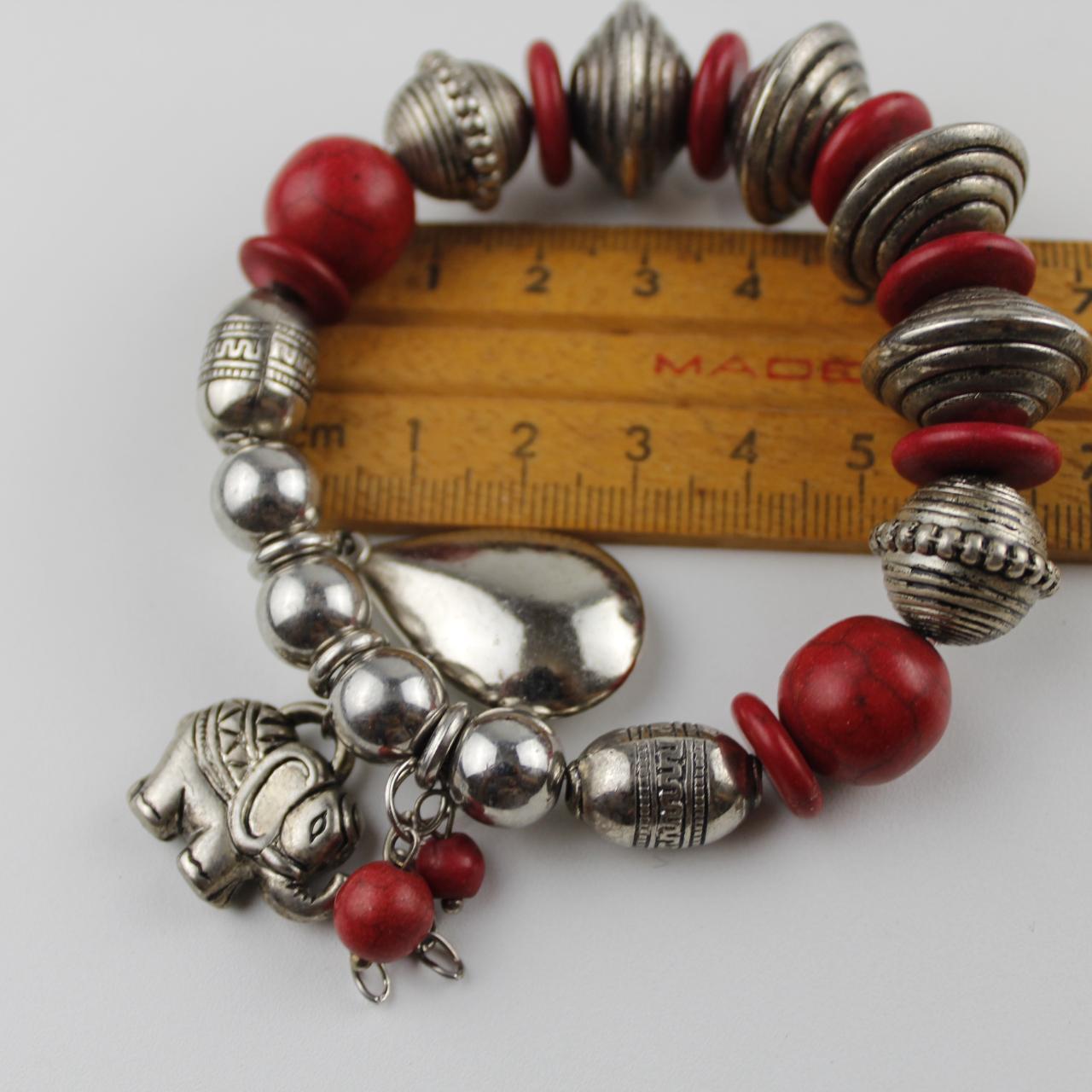 Red and Silver Tone Bead Stretch Bracelet Silver Tone Elepha